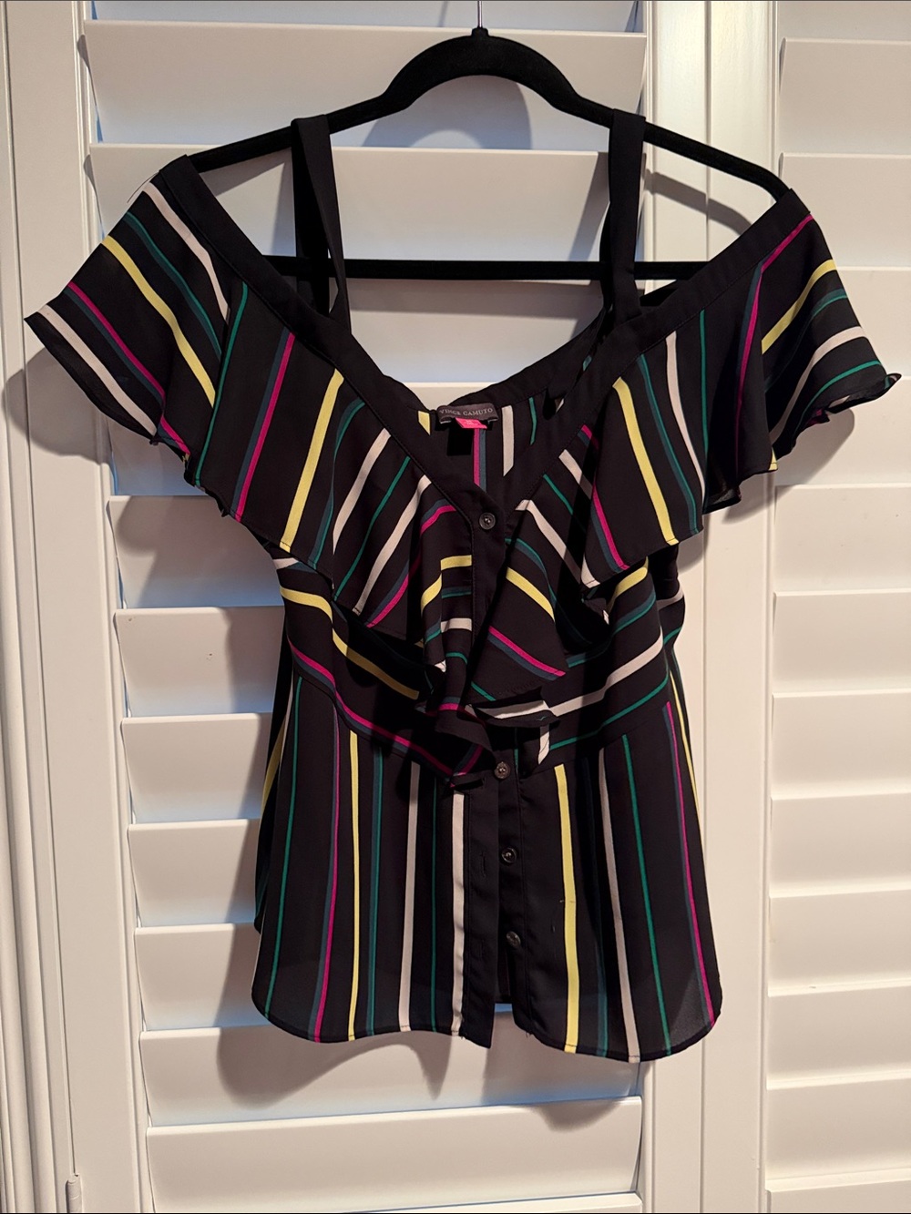 Vince Camuto Black Off-Shoulder Ruffle Blouse with Multicolor Stripes
